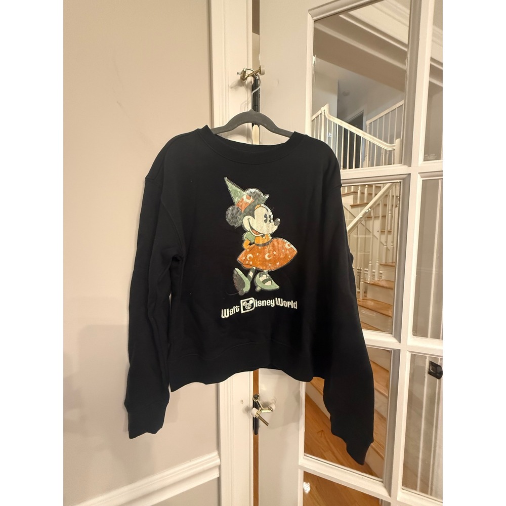 Disney World Minnie Mouse Halloween Sequin Witch Sweatshirt Black Kids 11/12 NWT